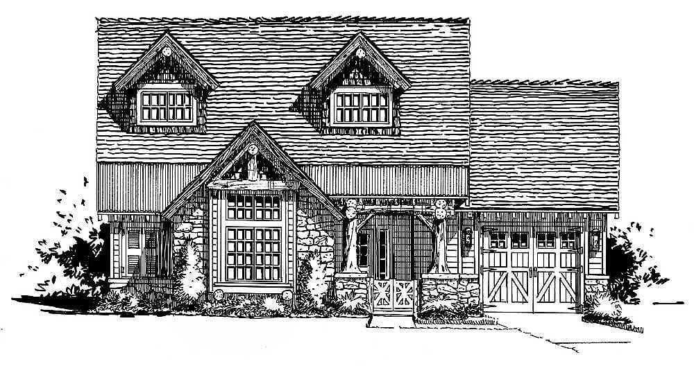House plan exterior showing a 2-story home with dormers, stone accents, a covered entry, and a 2-car garage.