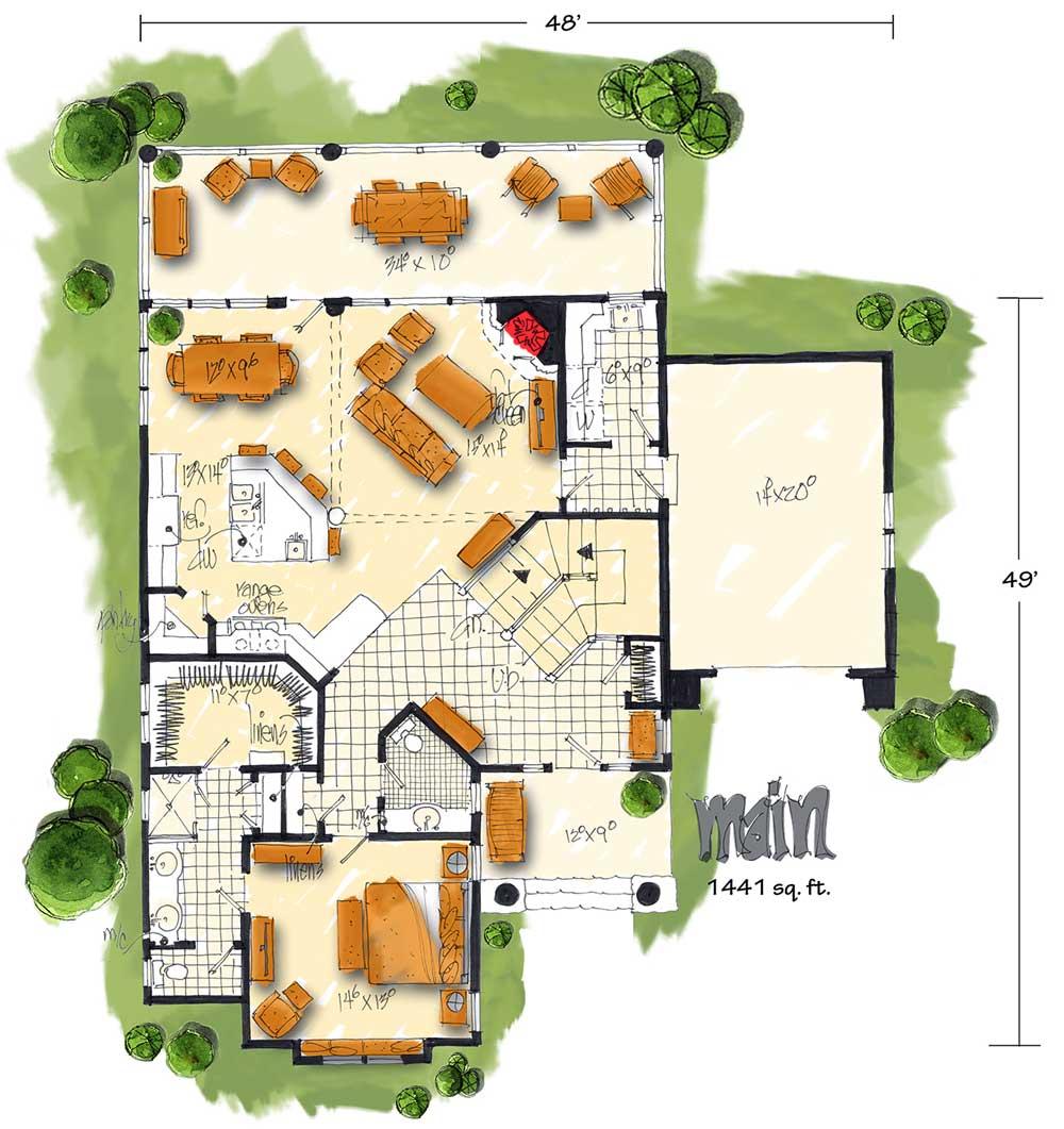 Plan 12907KN: Rustic Cottage With Soaring Spaces - Floor Plan - Main Level - Cottage, Country, Mountain, Rustic, Vacation