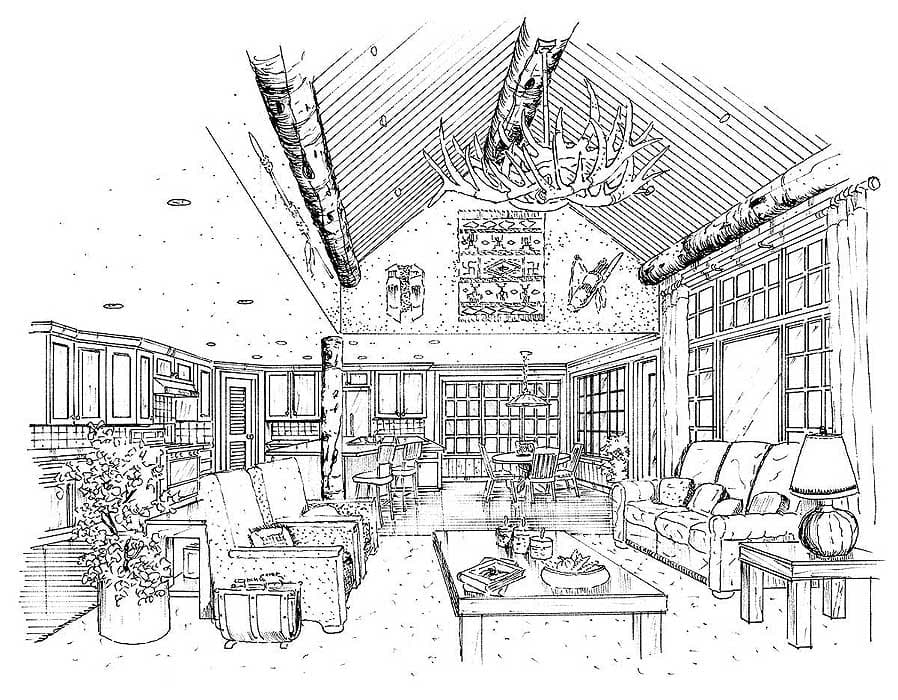 Interior rendering of an open-concept living space with vaulted ceiling, kitchen, dining area, and living room with fireplace.