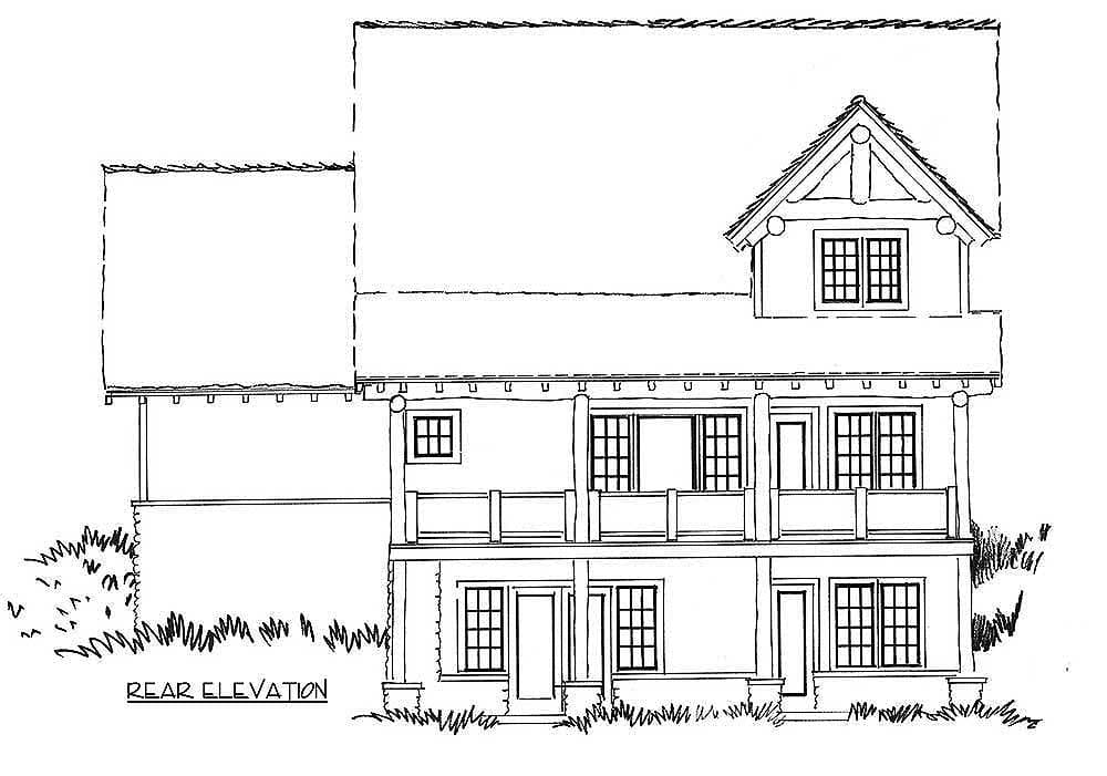 Rear elevation drawing of a two-story house plan featuring multiple gables, a dormer, and a wraparound porch.