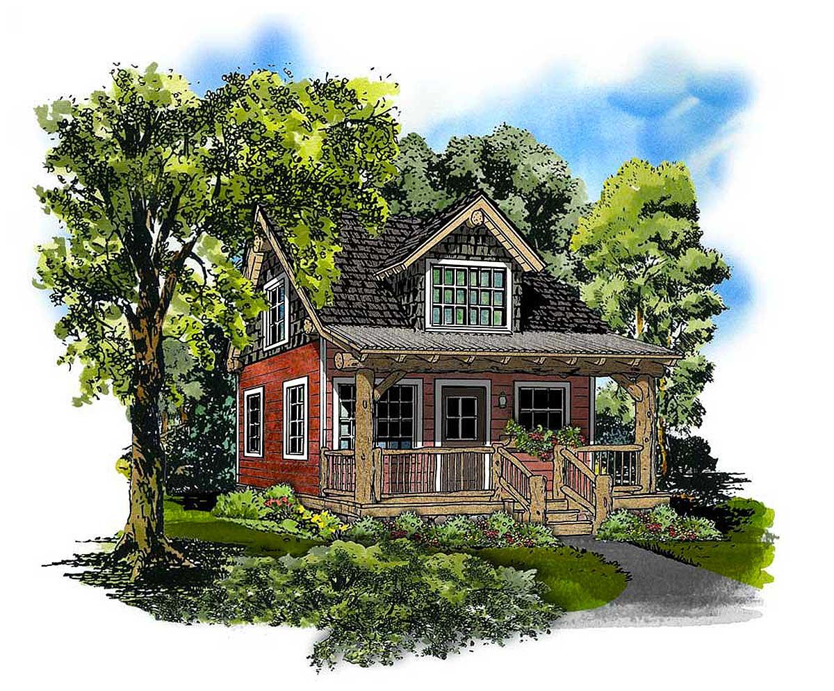 House plan exterior. One-story Cottage style with front porch, gabled roof, and dormer window. Red siding and natural wood porch supports.