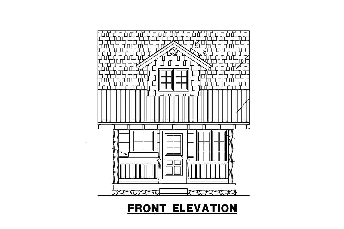 Front elevation drawing of a small house with a covered porch, prominent dormer, and vertical siding.