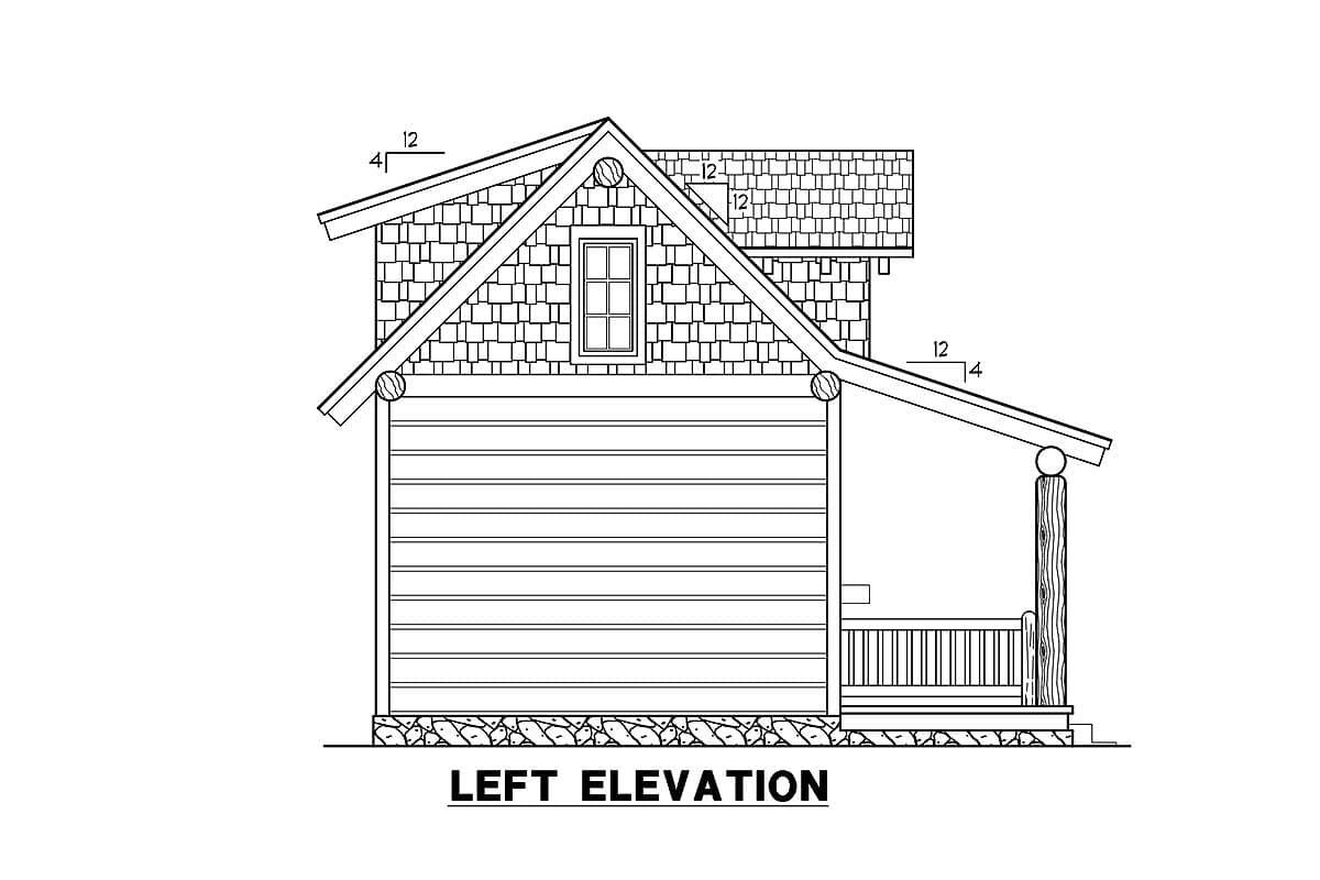 Left elevation house plan with horizontal siding, shingled gable, dormer window, and covered porch with railing.