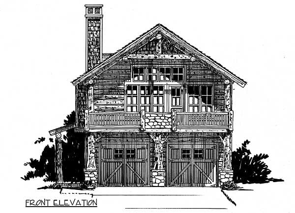 Front elevation house plan with a stone chimney, second-story balcony, and a double garage.