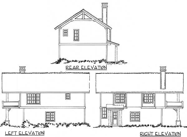 Architectural drawings showing rear, left, and right elevations of a two-story house plan with a gabled roof and prominent chimney.