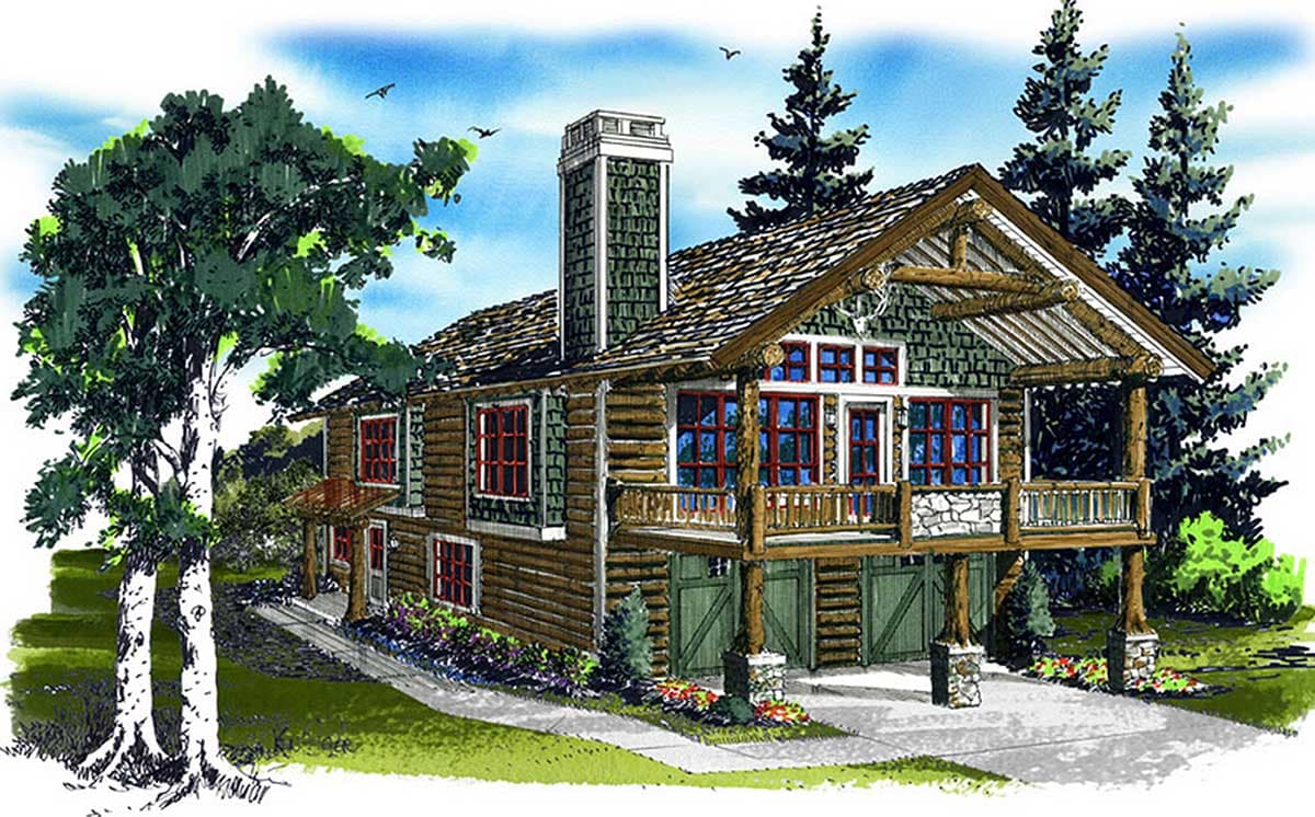 House plan exterior: Log home with a raised deck, stone foundation, prominent chimney, and attached garage.