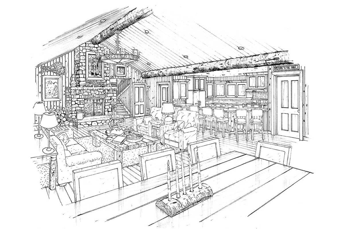 Open concept living area with stone fireplace, kitchen island with bar stools, and vaulted ceiling with exposed beams.