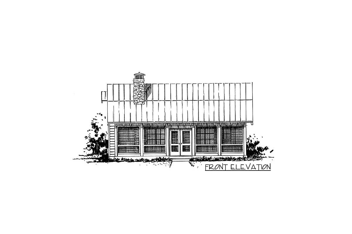 Front elevation drawing of a one-story house plan with a metal roof, stone chimney, and covered front porch with double doors.