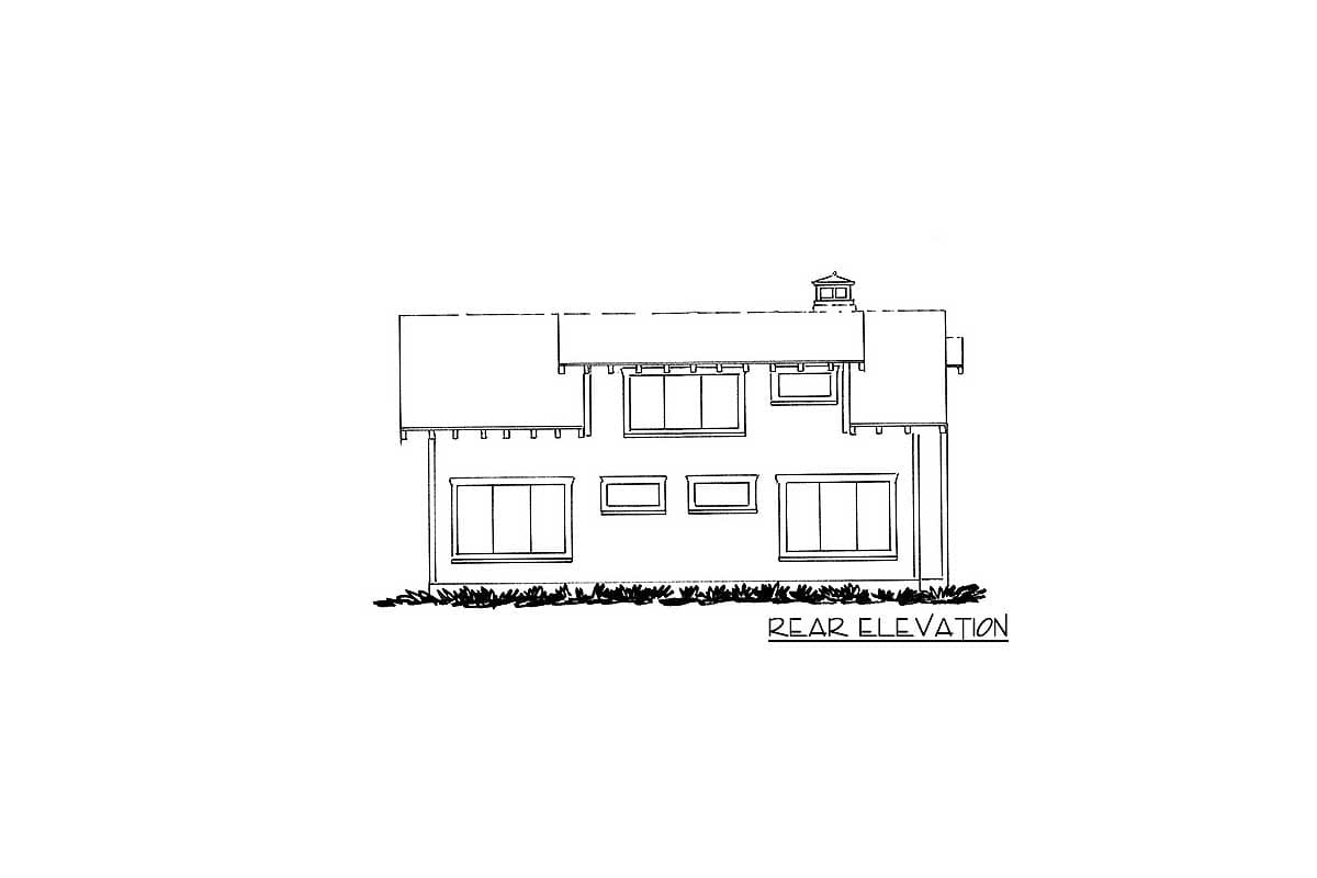 Rear elevation drawing of a house plan with varied window sizes and a chimney.
