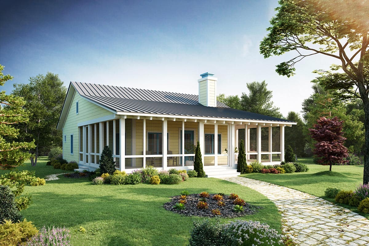 House plan exterior with a single story, screened porch, metal roof, and chimney. Featuring a cottage style home with gabled roof.