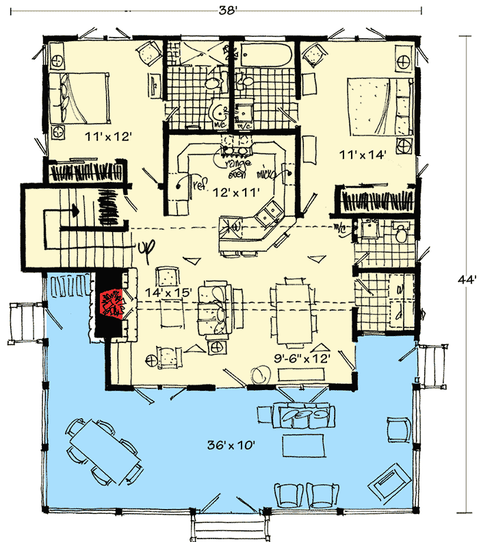 Plan 12912KN: One-Story Mountain Cottage with Large Covered Porch - 1371 Sq Ft - Floor Plan - Main Level - Cabin, Cottage, Mountain, Rustic, Vacation