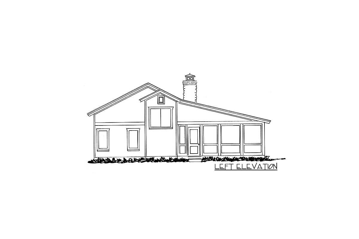 Left elevation house plan with a sloped roof, prominent chimney, and a sunroom along the front.