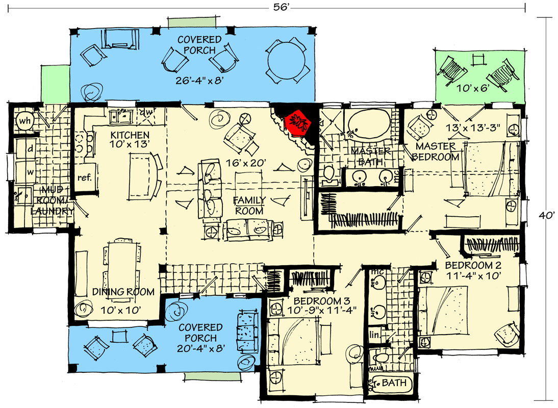 Plan 12913KN: 3 Bed House Plan with Vaulted Living Room and Master Suite - Floor Plan - Main Level - Cabin, Country, Craftsman, Mountain, Rustic, Vacation