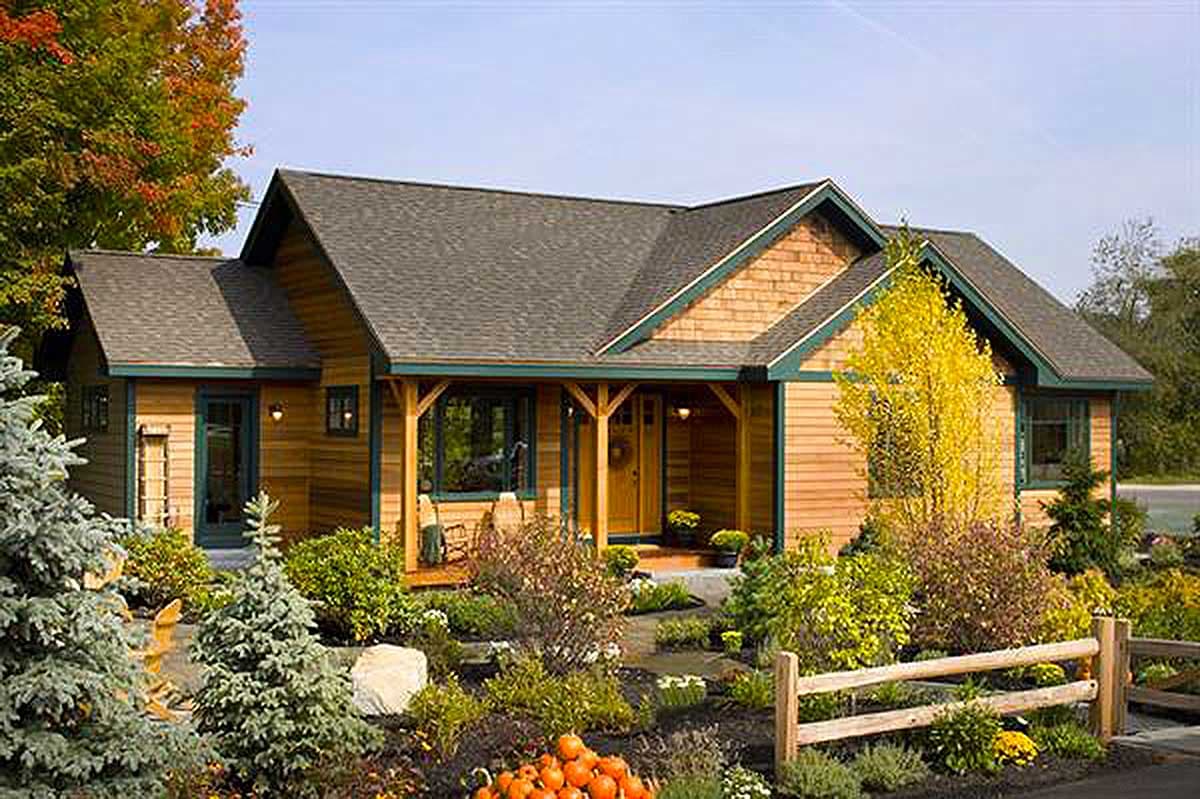 House plan exterior, one-story dwelling with wooden siding, gabled roof, and covered front porch with timber posts.