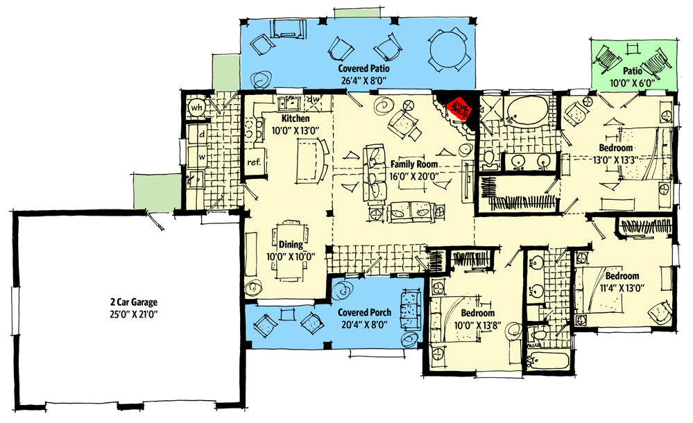 Plan 12914KN: 3 Bed House Plan with Vaulted Living Room and Master Suite - Floor Plan - Main Level - Craftsman, Mountain, Ranch, Rustic, Vacation