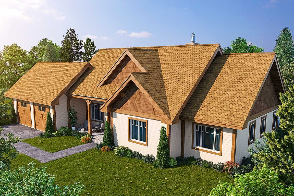 House plan exterior: One-story Modern Farmhouse with a gabled roof, attached two-car garage, and covered front porch.