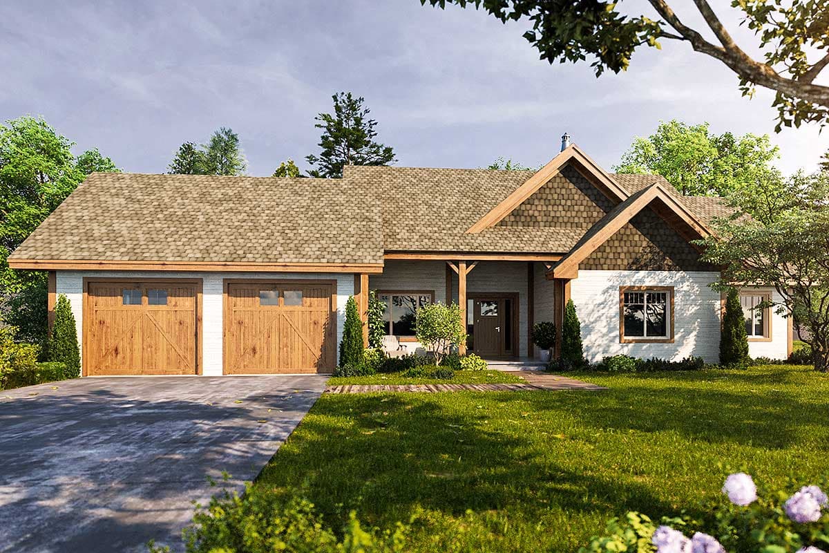 House plan exterior. Ranch style with two-car garage, gabled roof, and covered front porch with exposed beams.