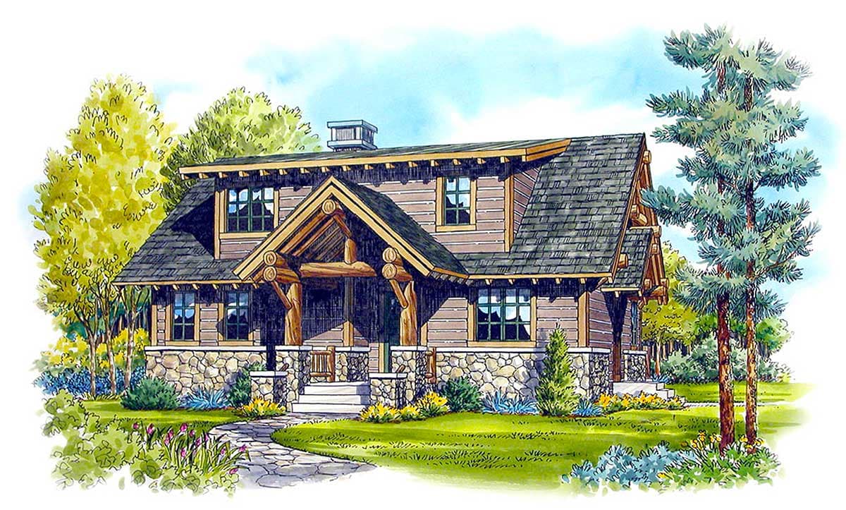 Log cabin style house plan exterior with stone foundation, covered front porch with log supports, and prominent dormers.