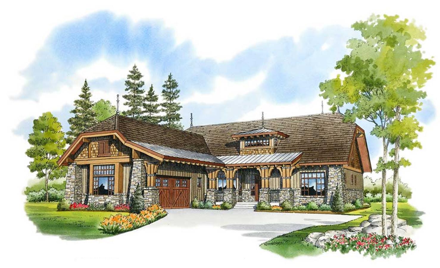Craftsman style house plan exterior featuring stone and wood accents, a covered front porch, dormers, and a two-car garage.