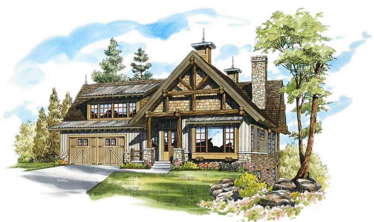 House plan exterior: Two-story log and stone mountain lodge with a metal roof, large gable, and a side-entry garage.