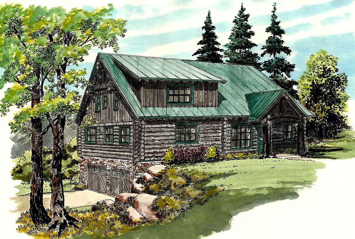 Log cabin house plan exterior with green metal roof, dormer, and attached garage.