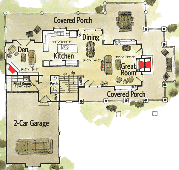 Plan 12921KN: Mountain House Plan Huge Wrap-Around Porch - Floor Plan - Main Level - Craftsman, Mountain, Rustic, Vacation