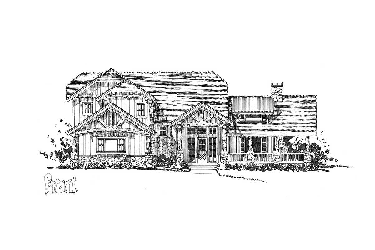 House plan exterior rendering of a two-story home with stone accents, multiple gables, a covered front porch, and a stone chimney.