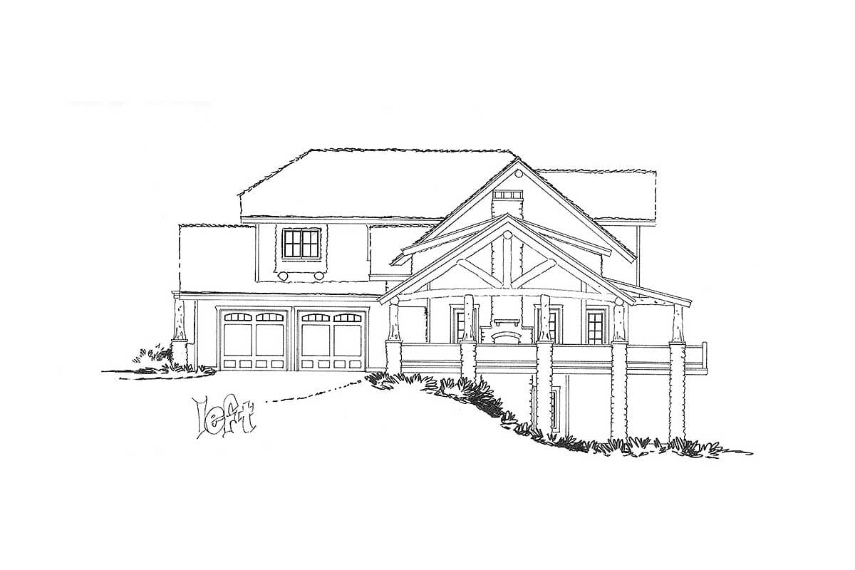 House plan exterior drawing: Two-story home with a prominent gabled porch, exposed rafters, double garage, and multiple dormers.