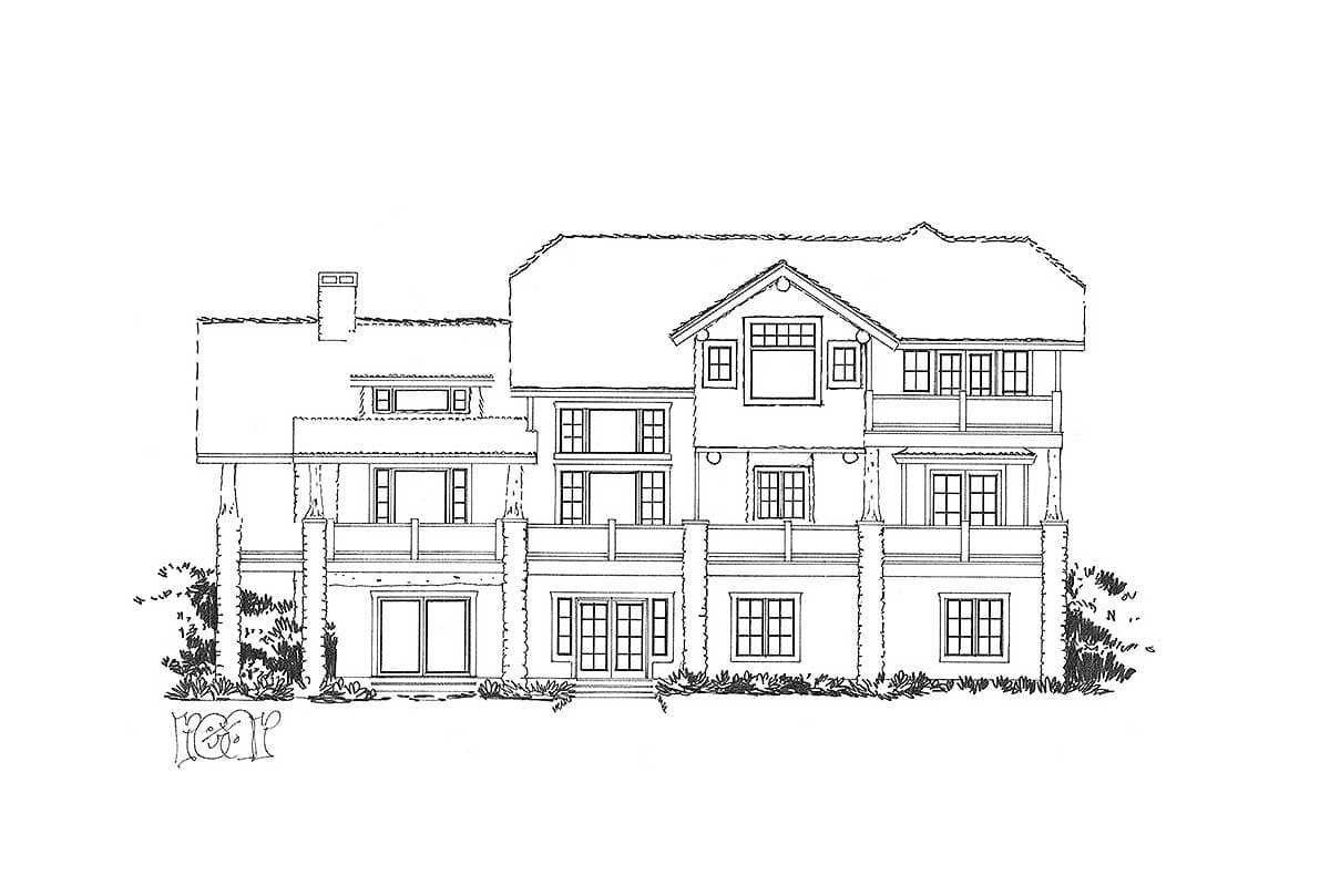 House plan exterior drawing shows a two-story home with multiple gables, balconies, and a prominent chimney.