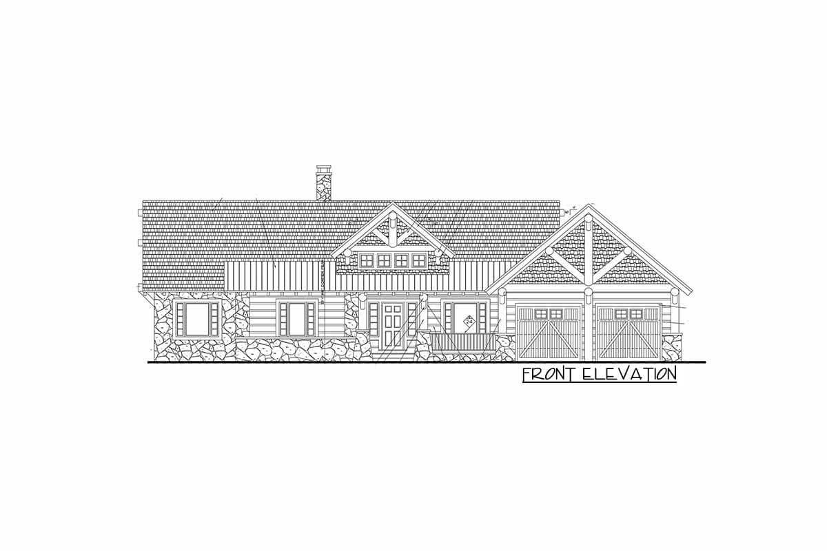 Front elevation drawing of a one-story house plan with stone and log siding, a prominent gable with dormer, and a three-car garage.