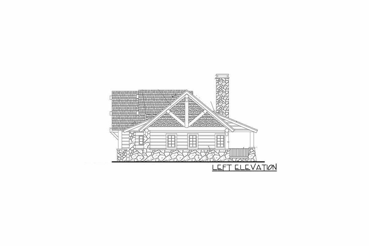 Left elevation house plan with stone foundation, log siding, gabled roof with exposed beams, and porch.