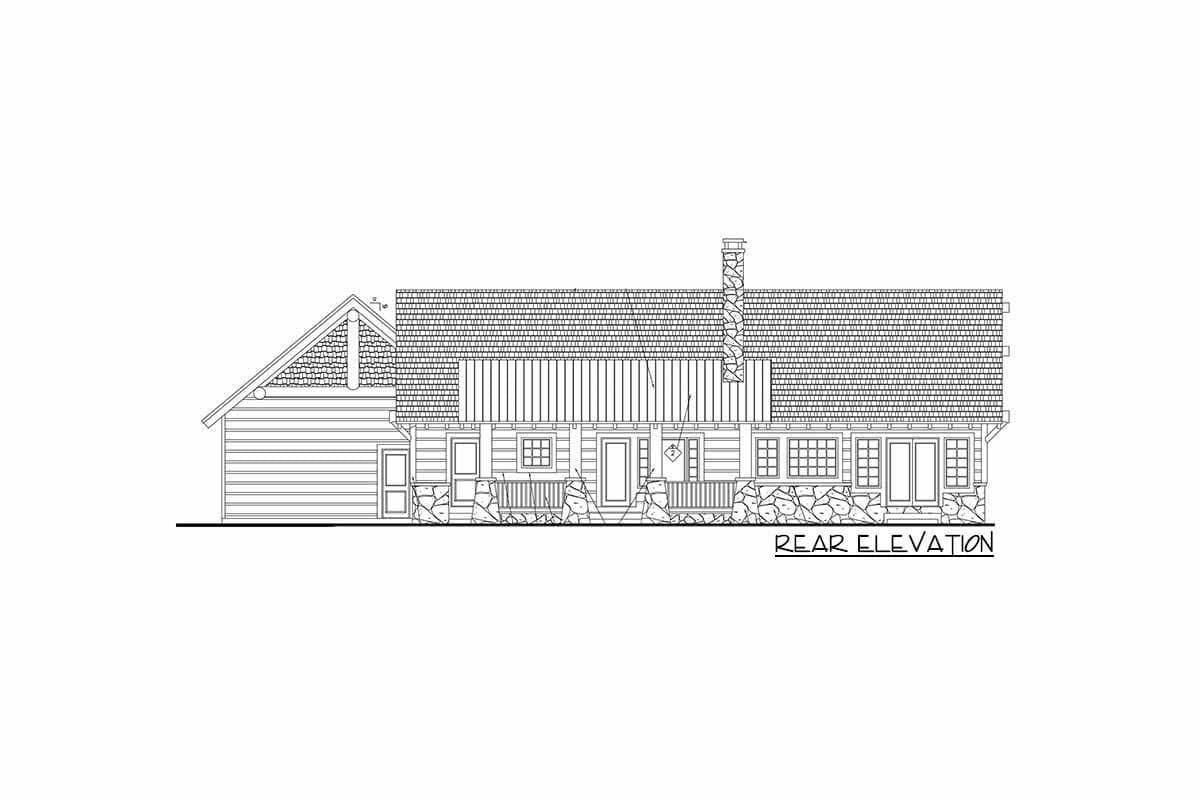 Rear elevation drawing of a house with a pitched roof, stone chimney, gabled dormer, and wraparound porch.