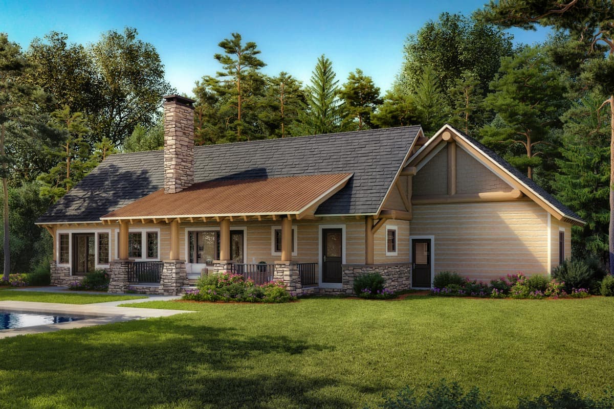 House plan exterior: One-story log home with stone chimney, covered porch with timber posts, and gable rooflines.