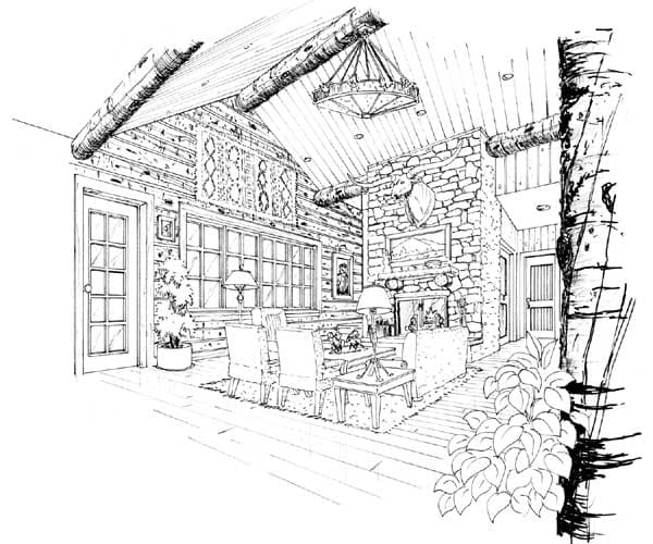 Interior rendering of a great room with log walls, vaulted ceiling, stone fireplace, and large windows.