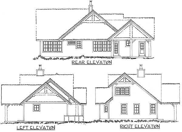Architectural house plan showing rear, left, and right elevations with gables, dormers, and rooflines.