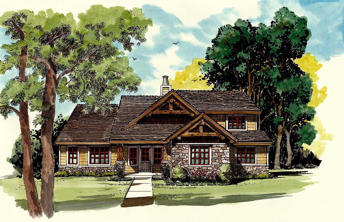 House plan exterior: Craftsman style, 1.5 stories, stone foundation, gabled dormers, wide eaves, and exposed rafter tails.