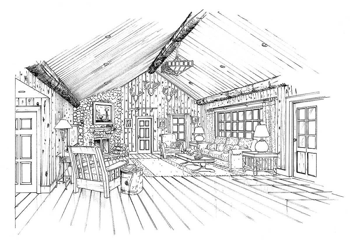 Interior rendering of a rustic great room with stone fireplace, wood-paneled walls, vaulted wood ceiling, and large windows.