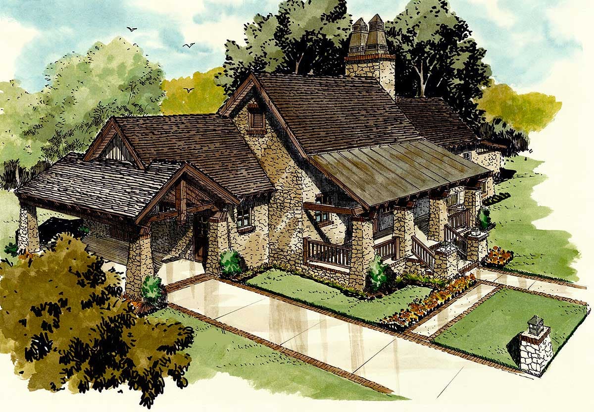 House plan exterior: Stone-clad, 1.5-story design with gabled dormers, covered porch with timber supports, and attached carport.