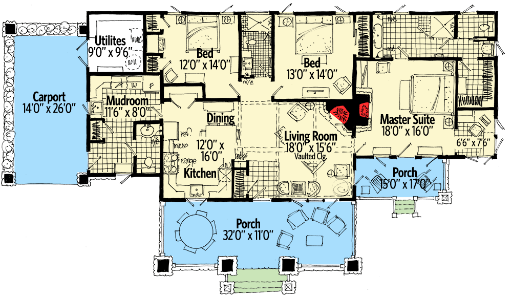Plan 12927KN: Rustic Hill Country Home Plan with 3 Outdoor Spaces - Floor Plan - Main Level - Cabin, Cottage, Country, Hill Country, Mountain, Rustic
