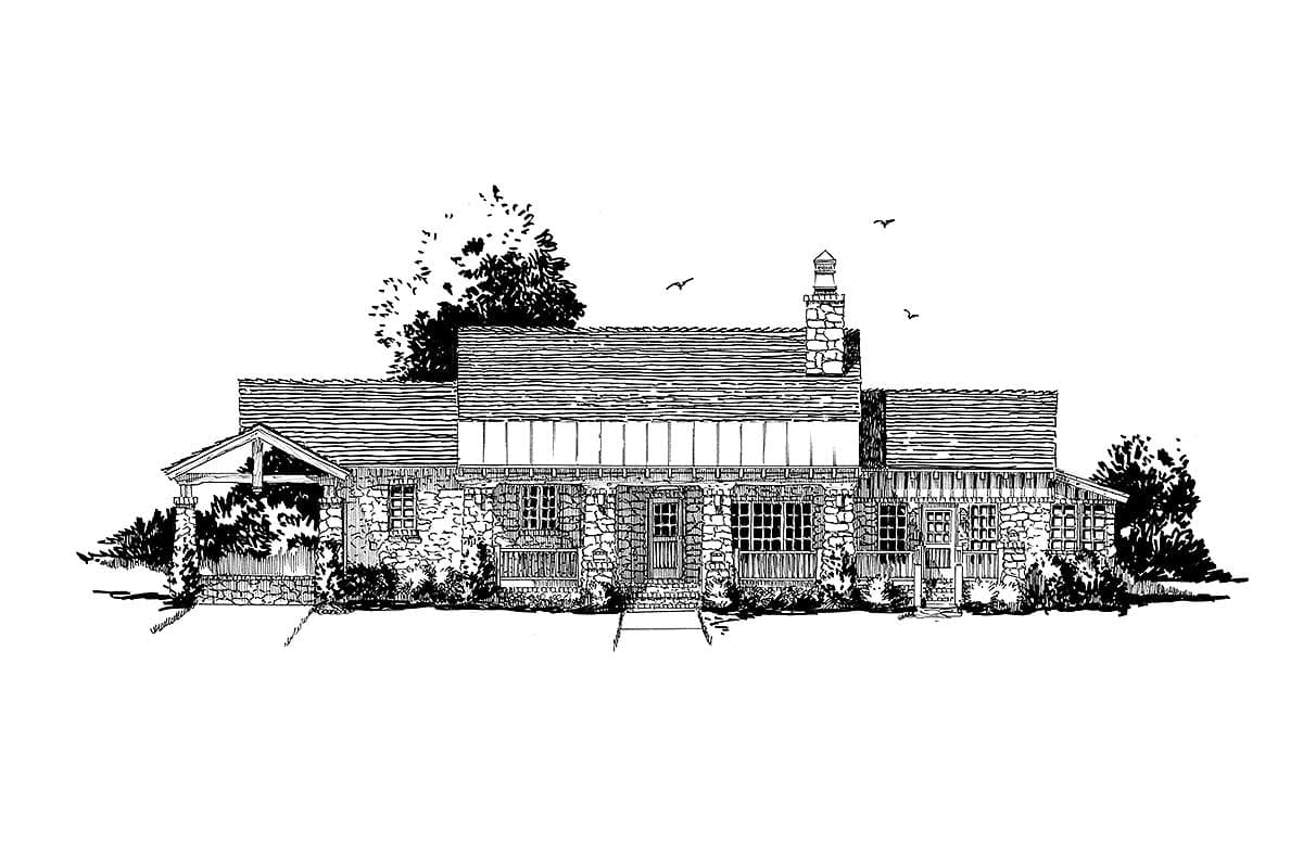 House plan exterior: single-story stone house with a covered entry porch, gabled roof, and prominent stone chimney.