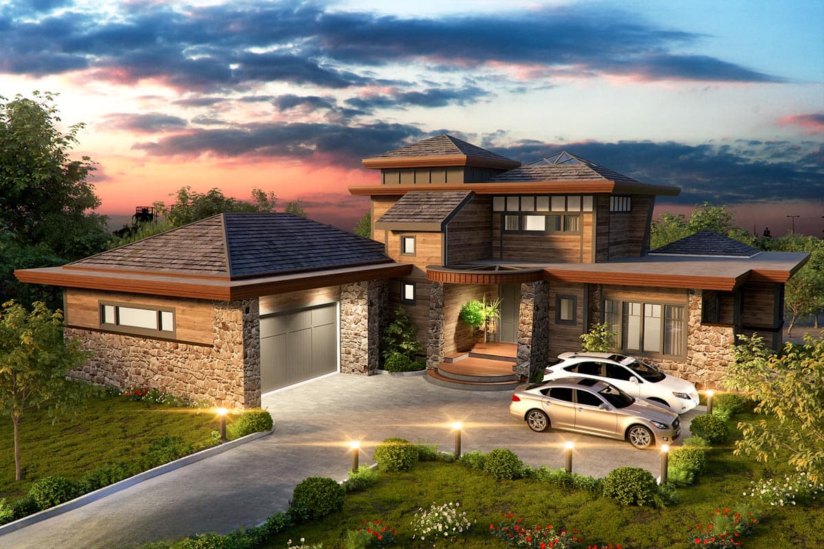 House plan exterior: Modern style, two stories, stone and wood siding, multi-level roof, attached garage.