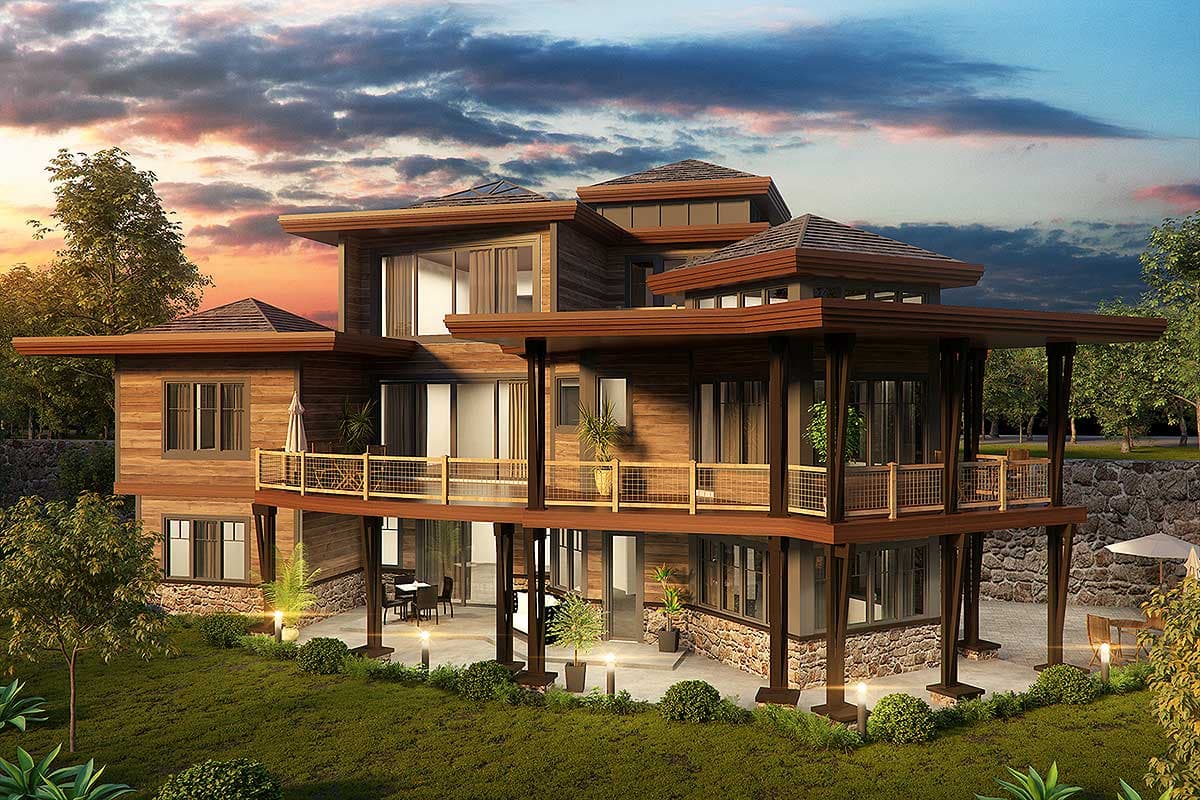 House plan exterior with multiple levels, deep eaves, balconies, and wood siding. Modern design.