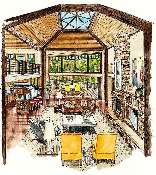 Open-concept great room with vaulted wood ceilings, stone fireplace, and multi-level living.