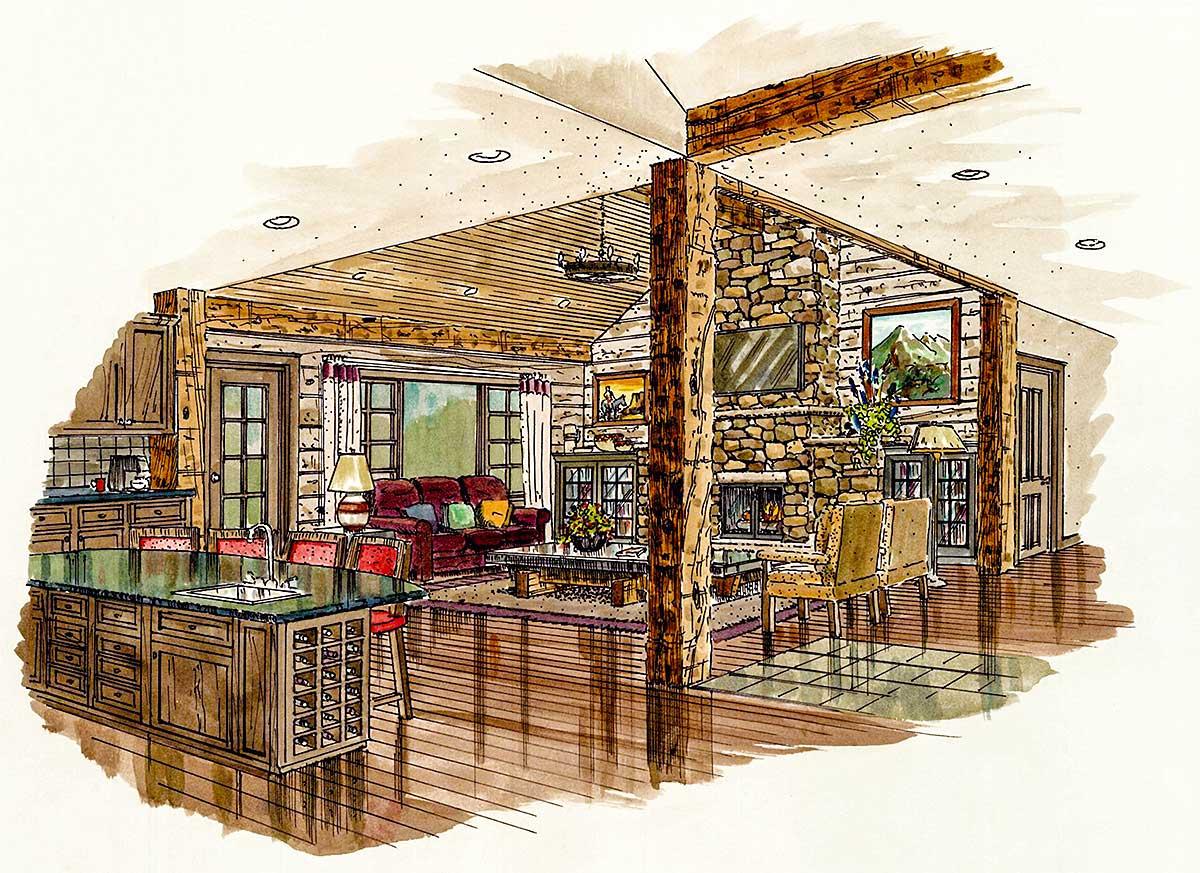 Log cabin interior rendering: open-plan living area with stone fireplace, kitchen island, dining area, and great room with wood-beamed ceiling.