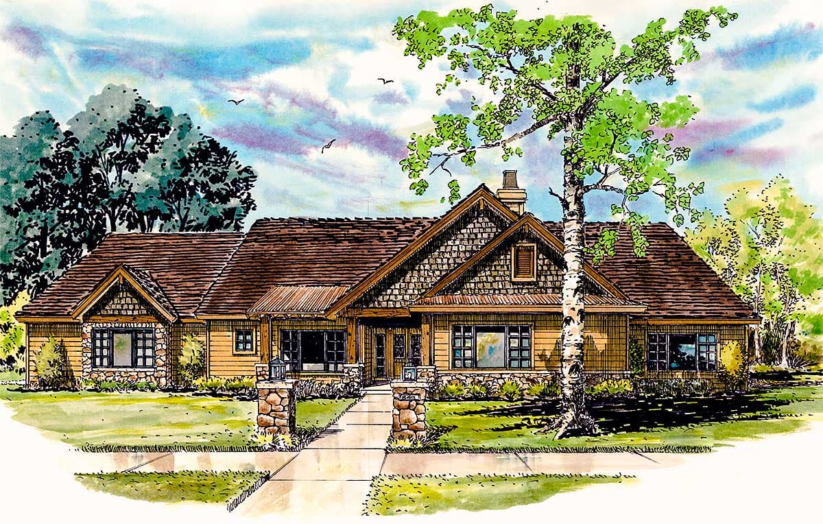 House plan exterior: Ranch style, stone and wood siding, multiple gables, and a prominent central gable with dormer.