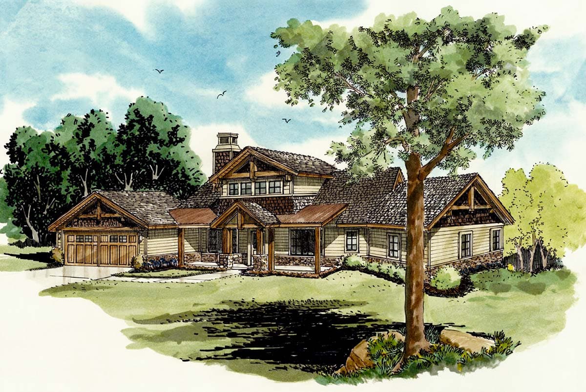 Craftsman style house plan exterior with a prominent stone chimney, covered porch with timber supports, and a three-car garage.
