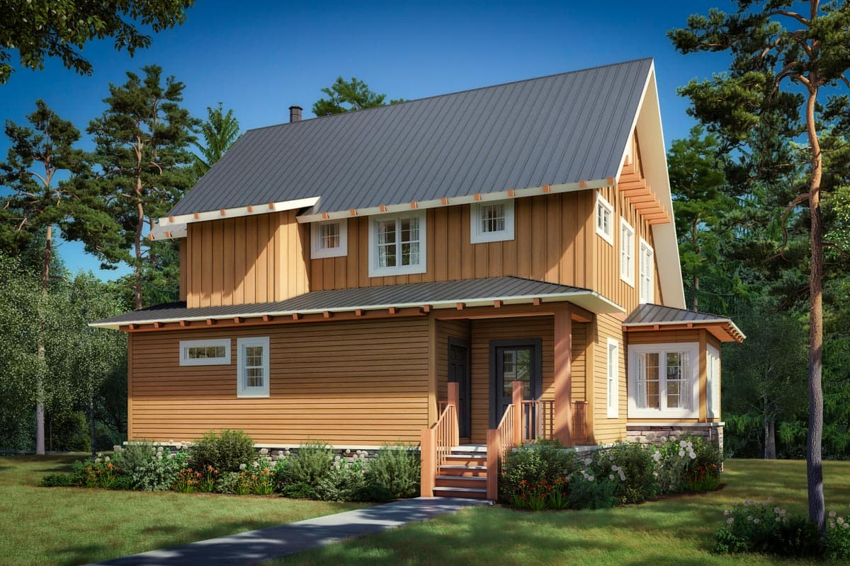 House plan exterior: Two-story Modern Farmhouse with wood siding, metal roof, and a covered entry porch with wooden railings.