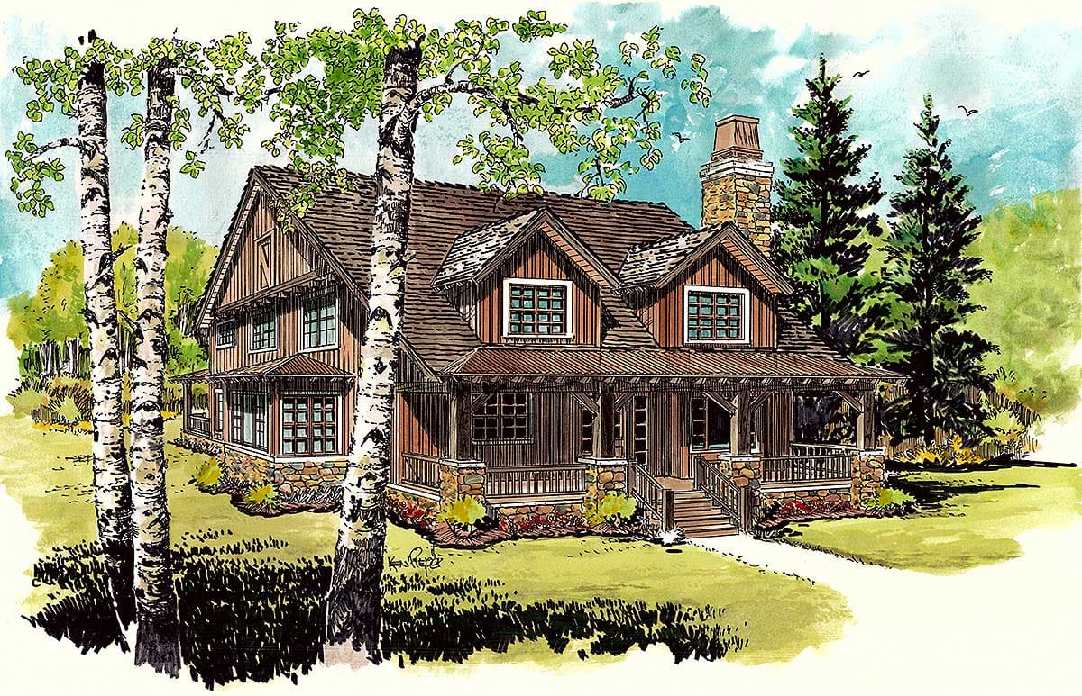 Craftsman house plan exterior with wrap-around porch, stone foundation, dormers, and stone chimney.