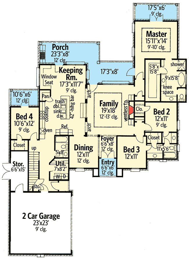Plan 14127KB: Graceful and Elegant 4 Bed Acadian House Plan - Floor Plan - Main Level - Acadian, European, French Country, Louisiana-Style