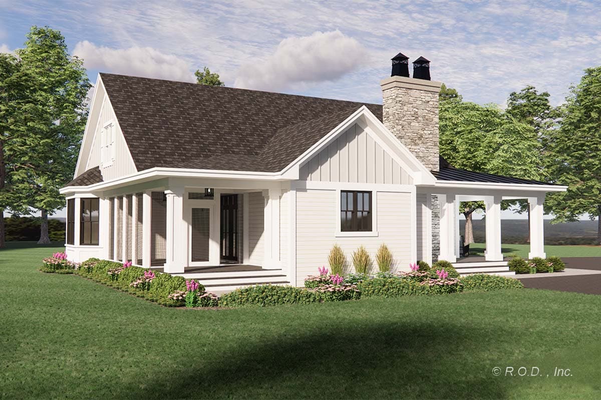 House plan exterior: Modern Farmhouse style, one story, with a wraparound porch, gables, and stone chimney.